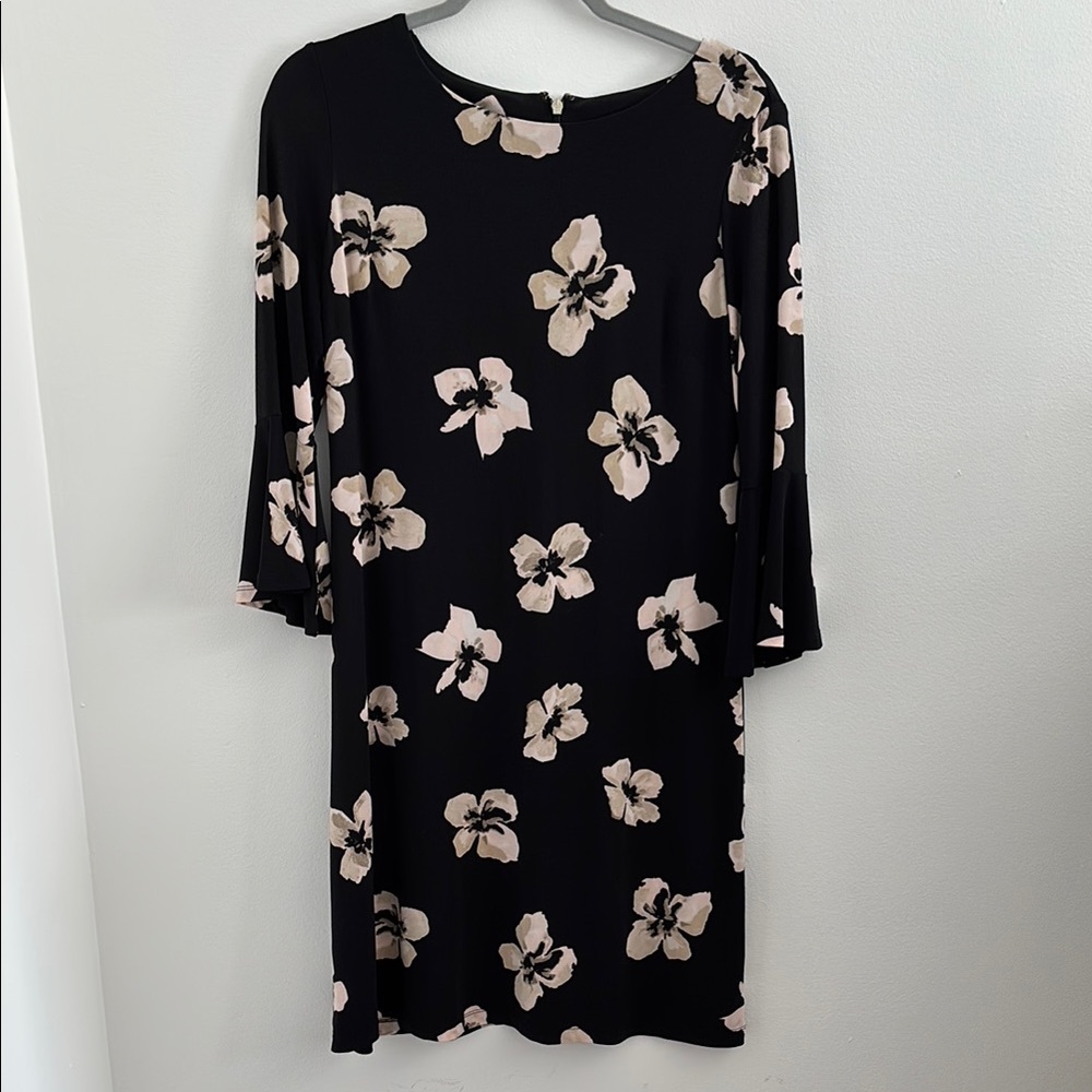 Tommy Hilfiger Black and Cream Sheath Dress with Bell Sleeves